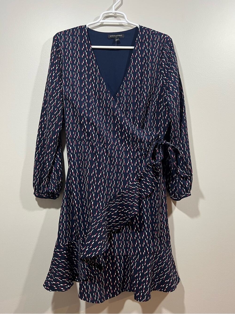 Banana Republic Navy Wrap Dress with Pink Dash Print Size 14P